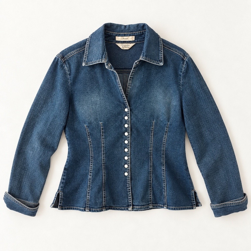 Y2K Fitted Denim Jacket Women M Blue Snap Front Western Structured Indie Grunge